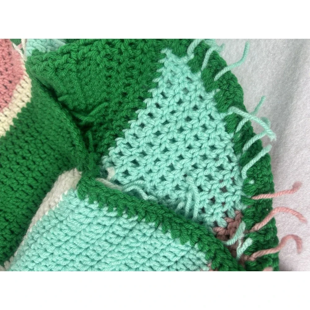 VTG Handmade 70's Crochet Afghan Blanket Green Pink Cream Blue 62x42 Fringe